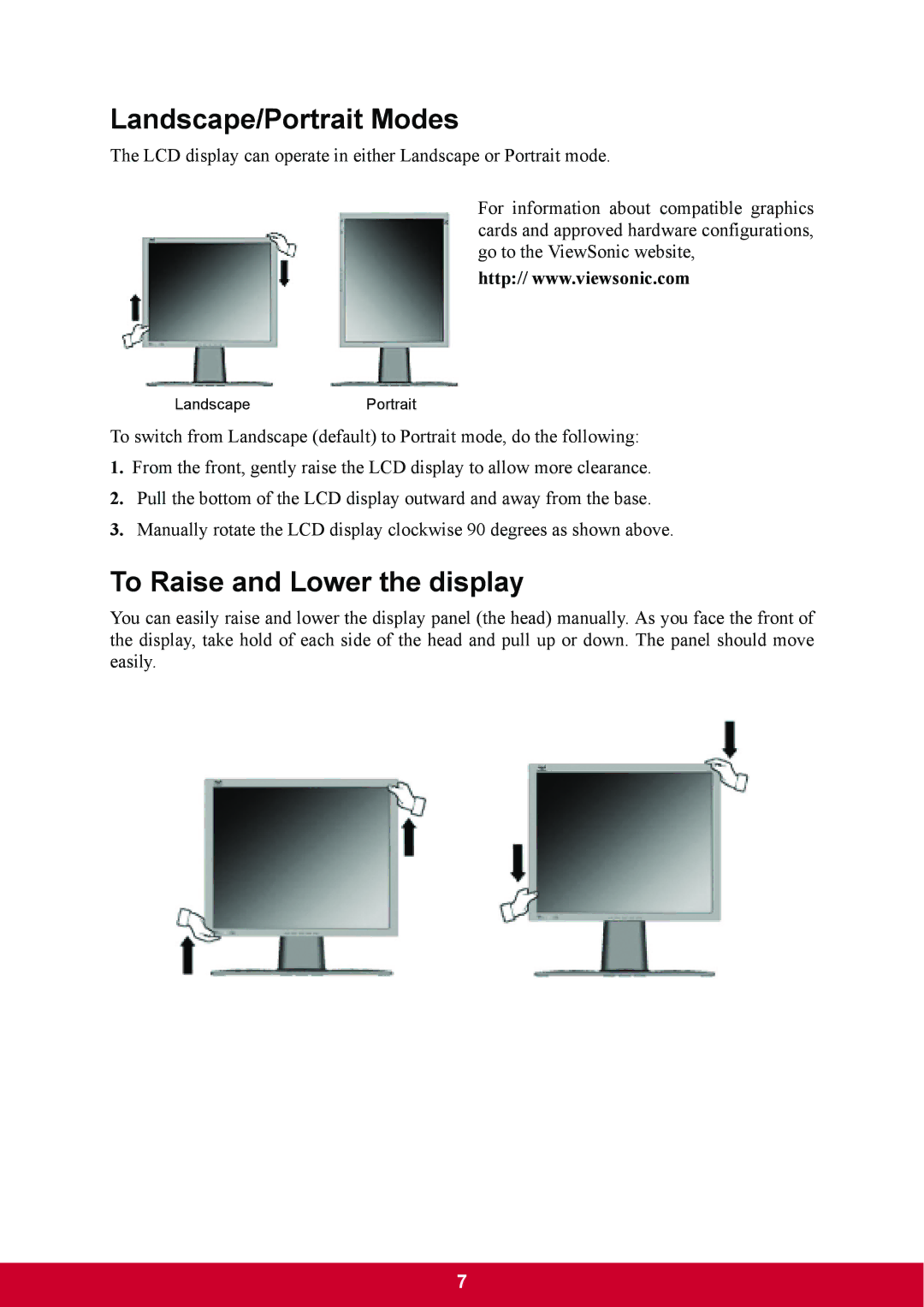 ViewSonic VP2770LED warranty Landscape/Portrait Modes, To Raise and Lower the display 