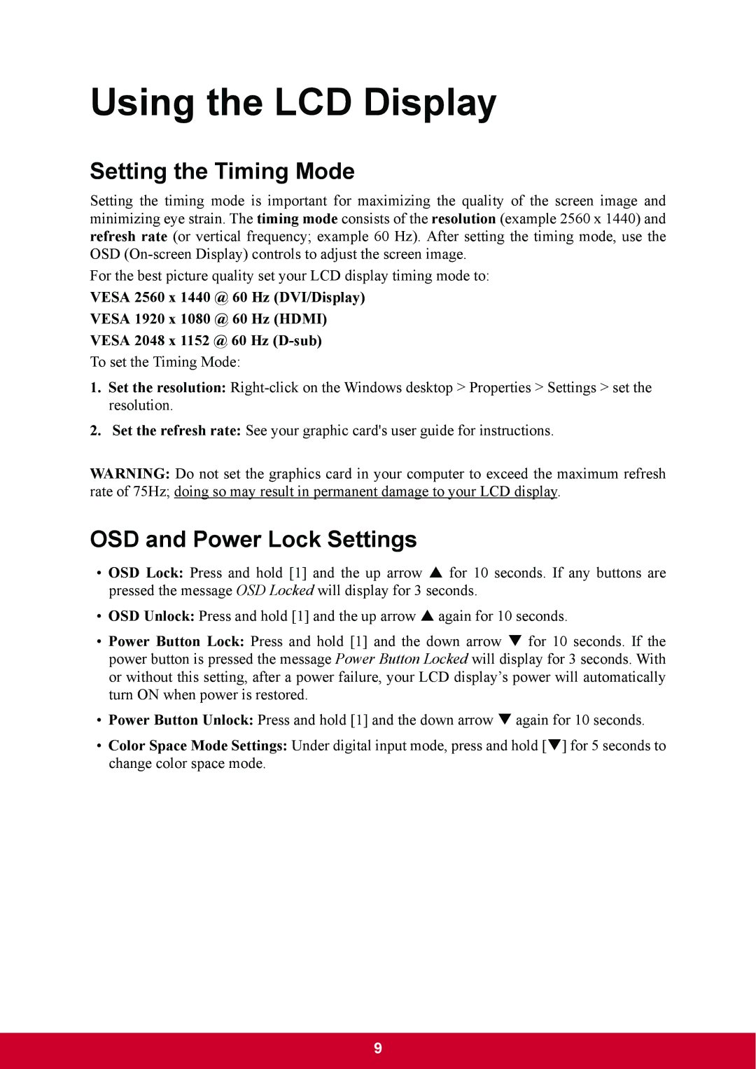 ViewSonic VP2770LED warranty Setting the Timing Mode, OSD and Power Lock Settings 