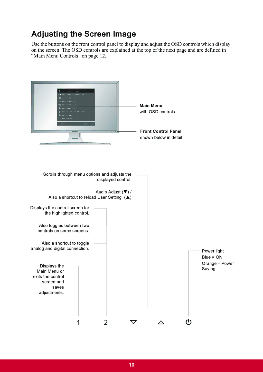 ViewSonic VP2770LED warranty Adjusting the Screen Image, Front Control Panel 