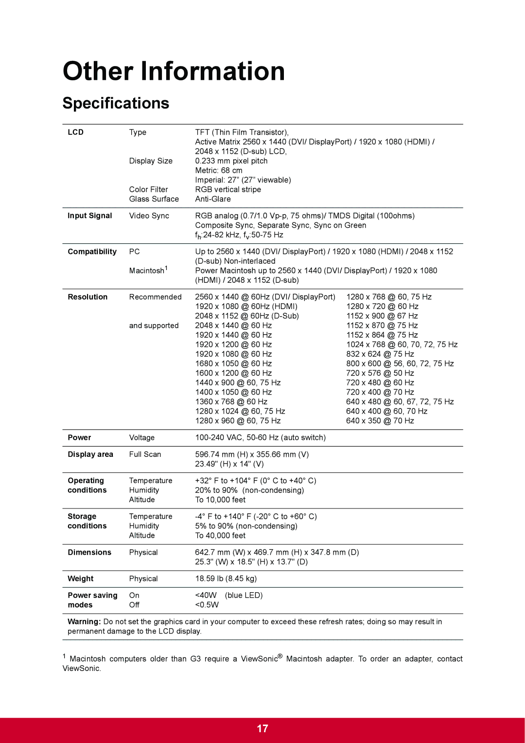 ViewSonic VP2770LED warranty Other Information, Specifications 