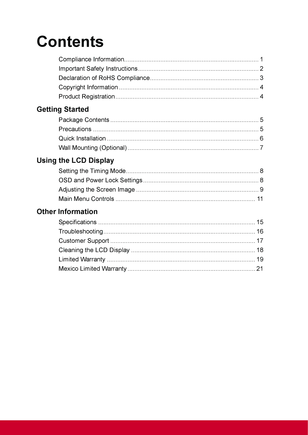 ViewSonic VP2770LED warranty Contents 