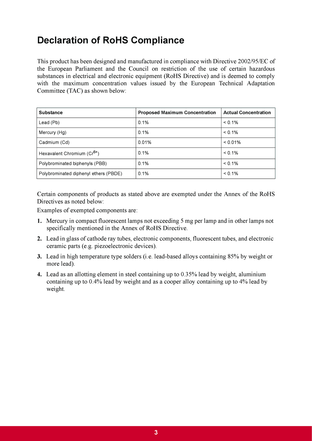 ViewSonic VP2770LED warranty Declaration of RoHS Compliance 