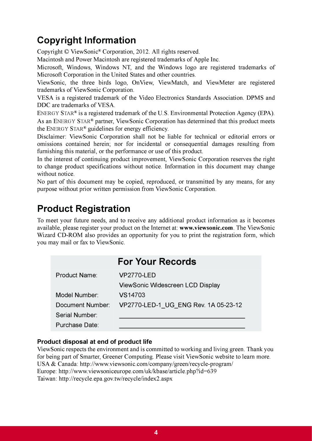 ViewSonic VP2770LED Copyright Information, Product Registration For Your Records, Product disposal at end of product life 