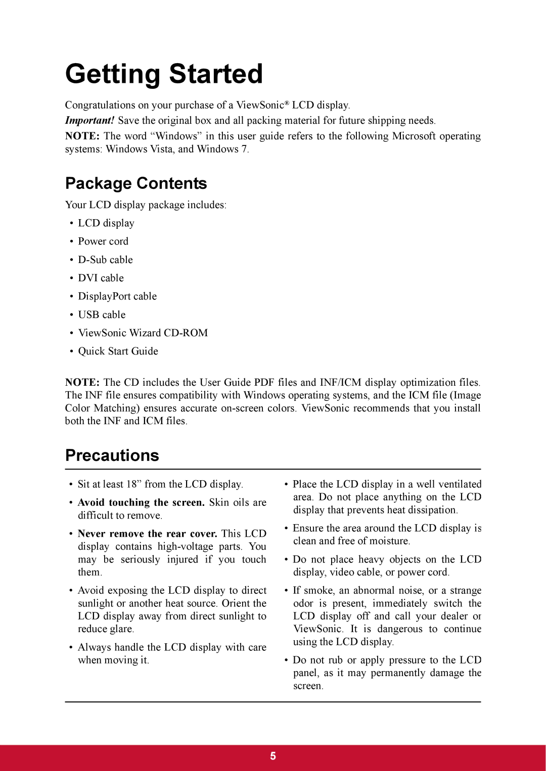 ViewSonic VP2770LED warranty Package Contents, Precautions 