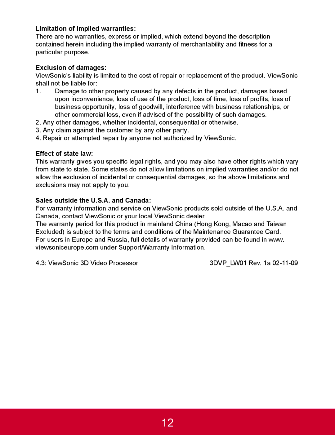 ViewSonic VP3D1 warranty Limitation of implied warranties, Exclusion of damages, Effect of state law 