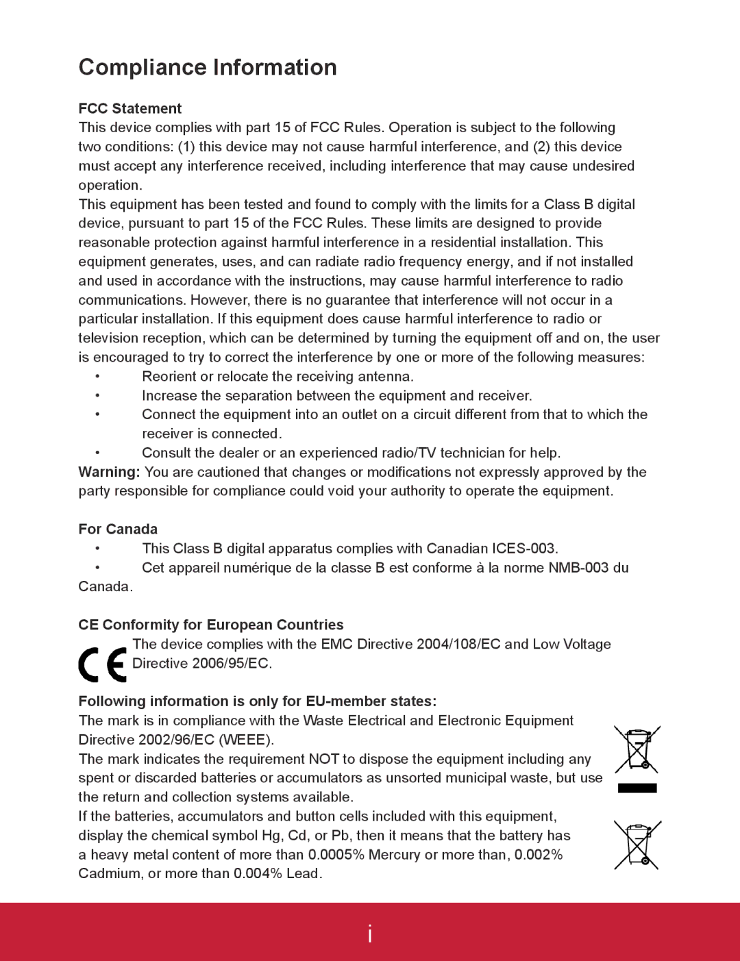 ViewSonic VP3D1 warranty Compliance Information, FCC Statement, For Canada, CE Conformity for European Countries 