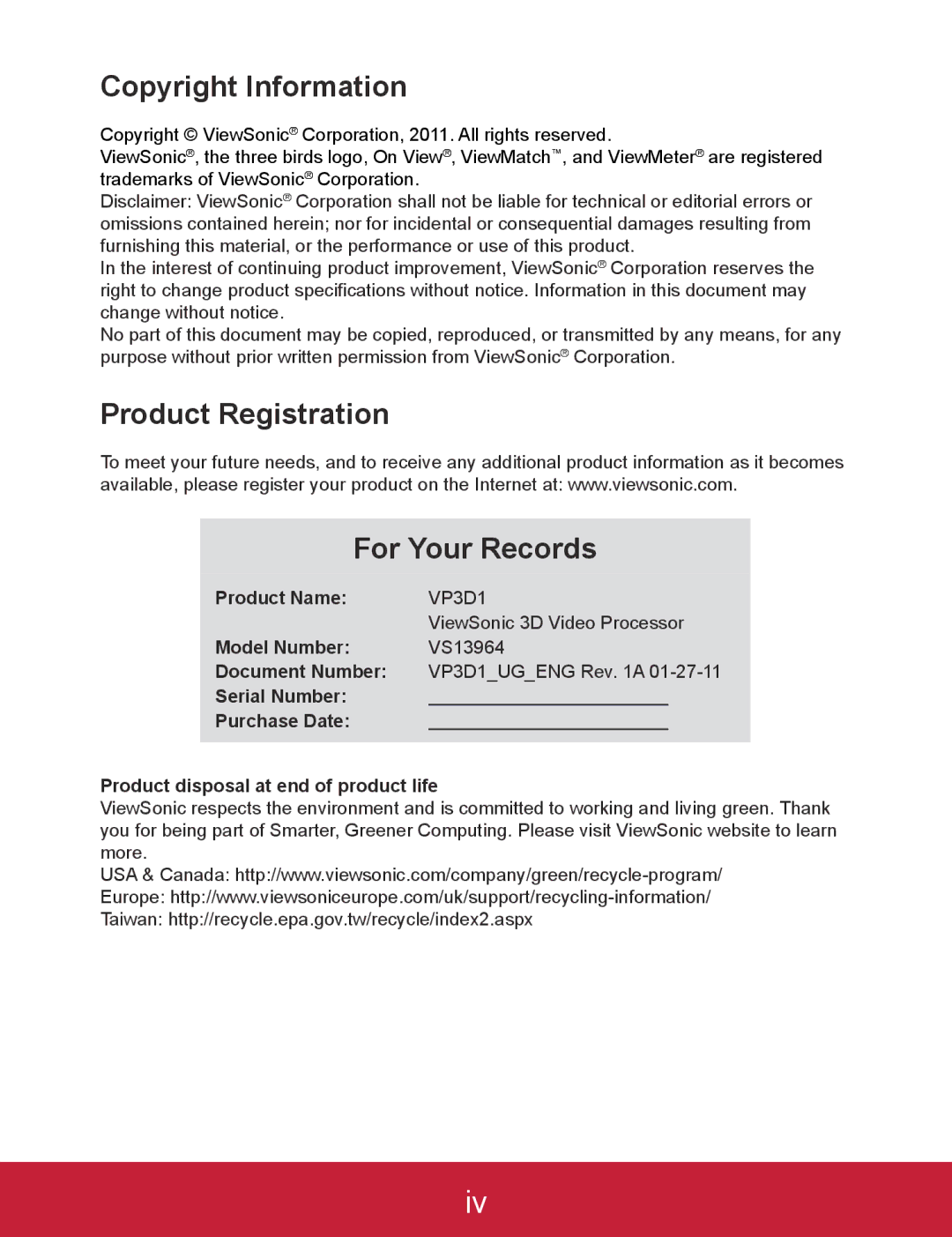 ViewSonic VP3D1 Copyright Information, Product Registration For Your Records, Product Name, ViewSonic 3D Video Processor 