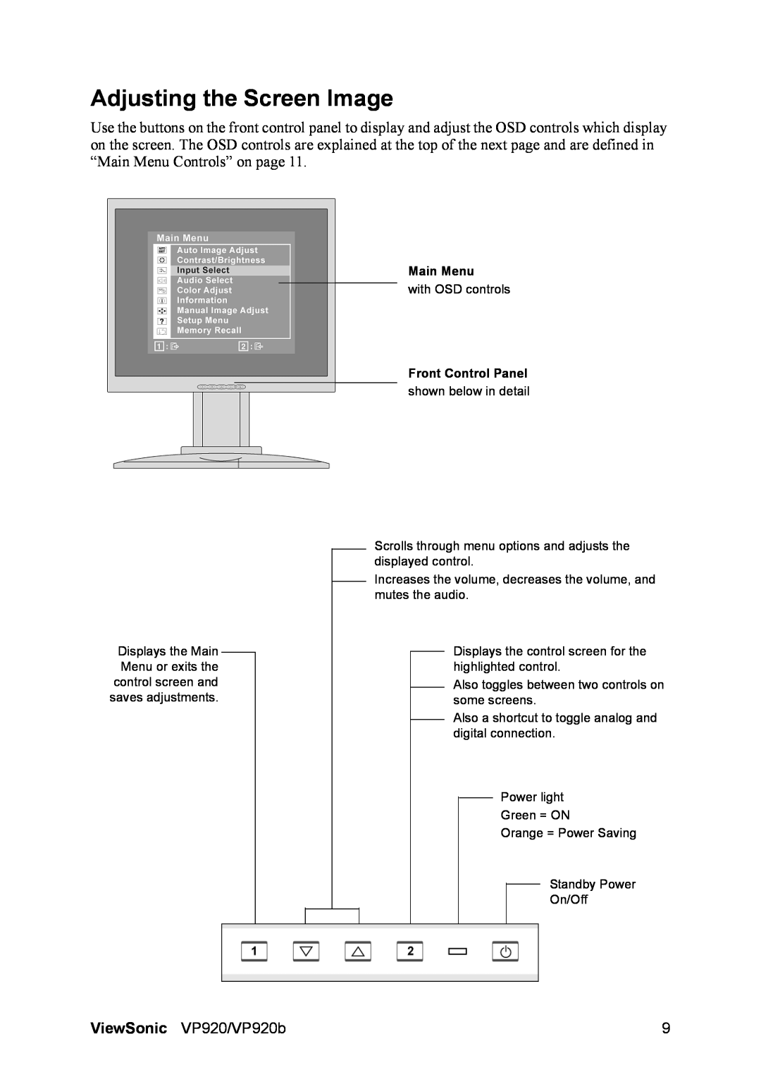 ViewSonic VP920B manual Adjusting the Screen Image, Main Menu, Front Control Panel 
