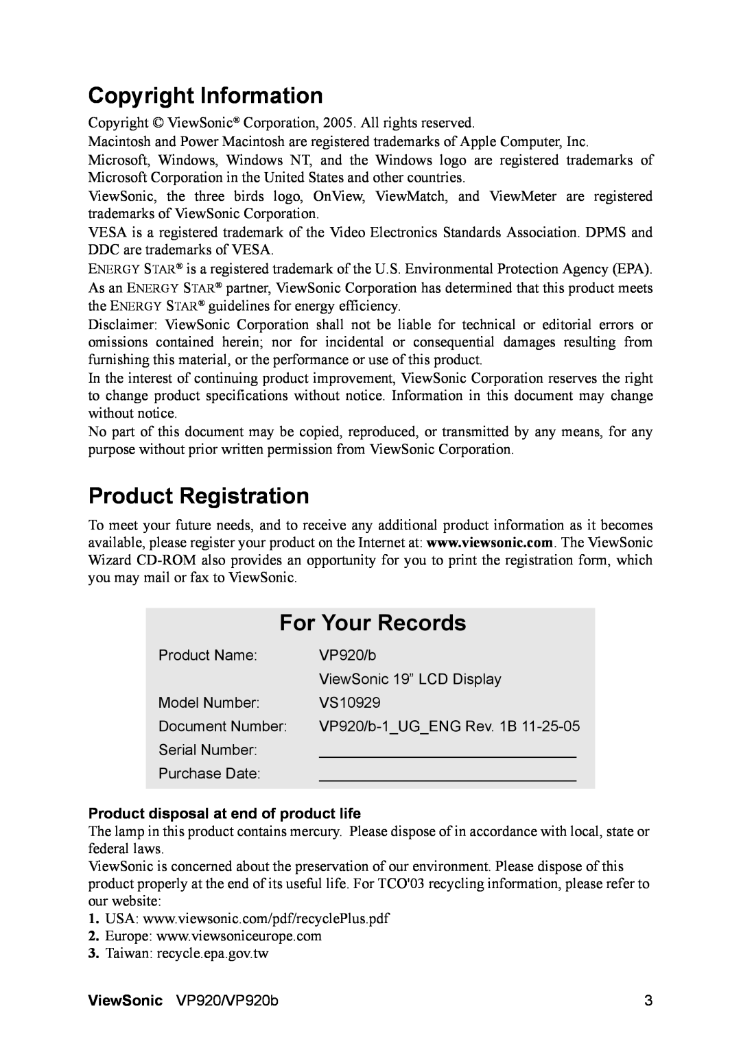 ViewSonic VP920B Copyright Information, Product Registration, For Your Records, Product disposal at end of product life 