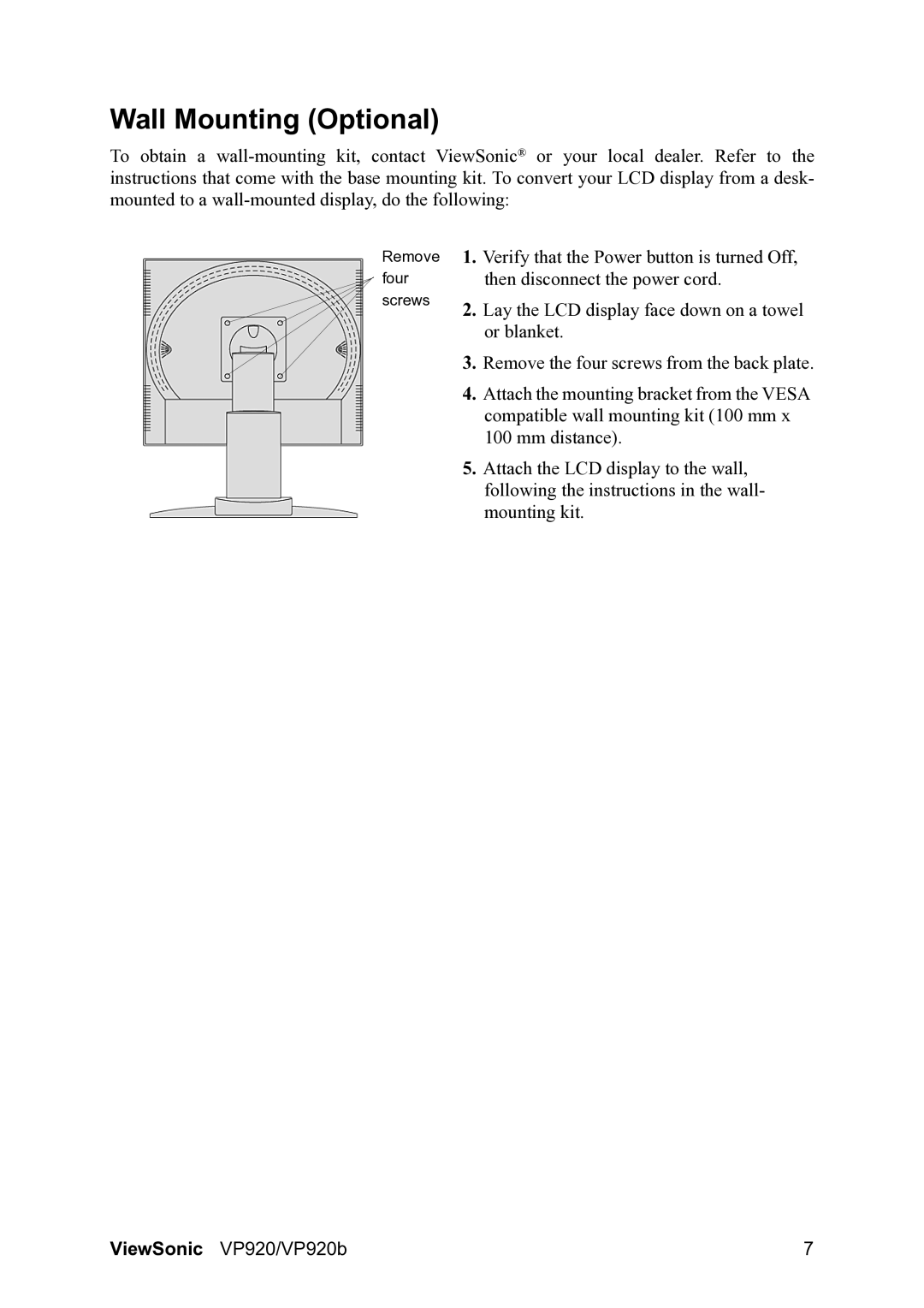 ViewSonic VP920B manual Wall Mounting Optional 