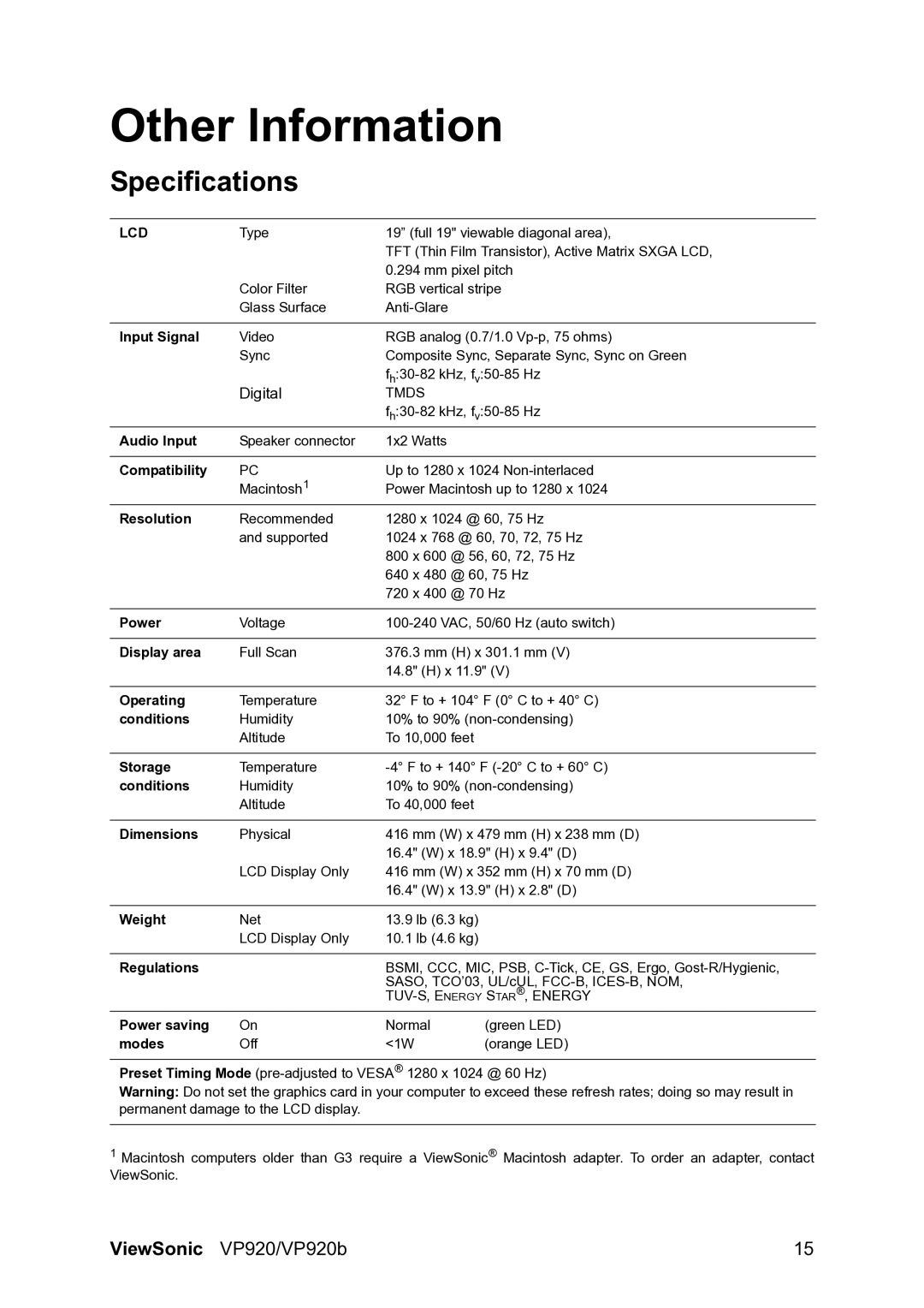 ViewSonic VP920B manual Other Information, Specifications 