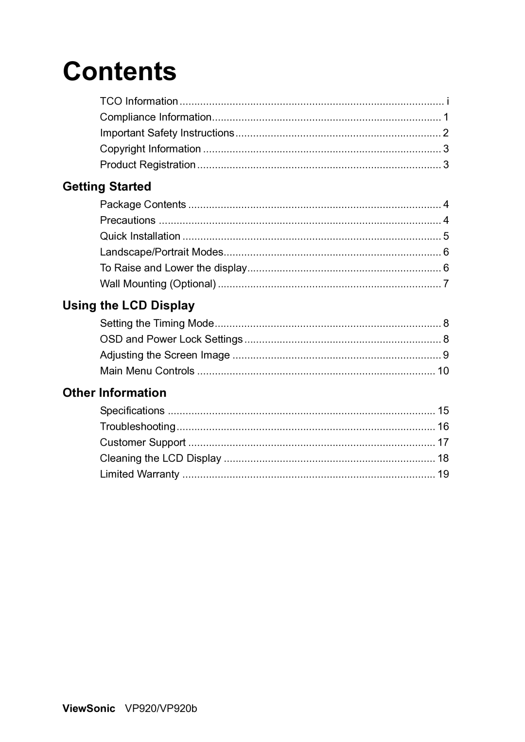 ViewSonic VP920B manual Contents 