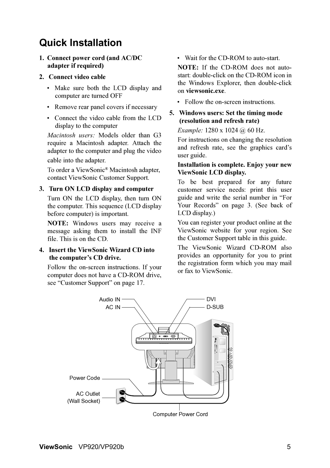 ViewSonic VP920B manual Quick Installation, Turn on LCD display and computer 