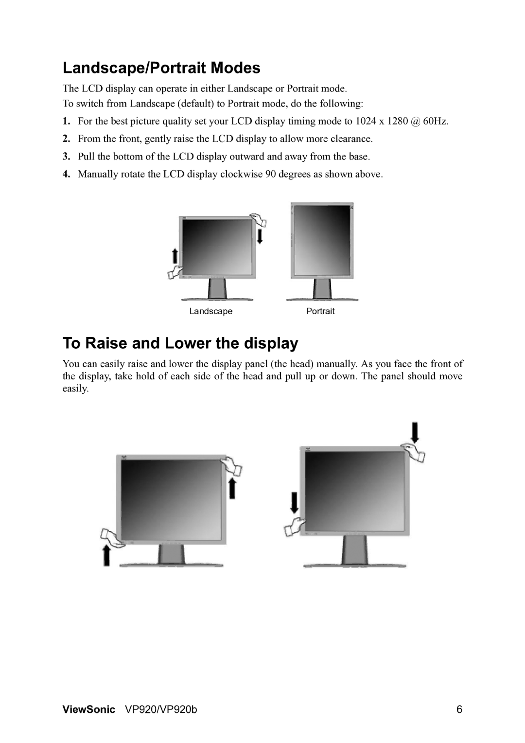 ViewSonic VP920B manual Landscape/Portrait Modes, To Raise and Lower the display 