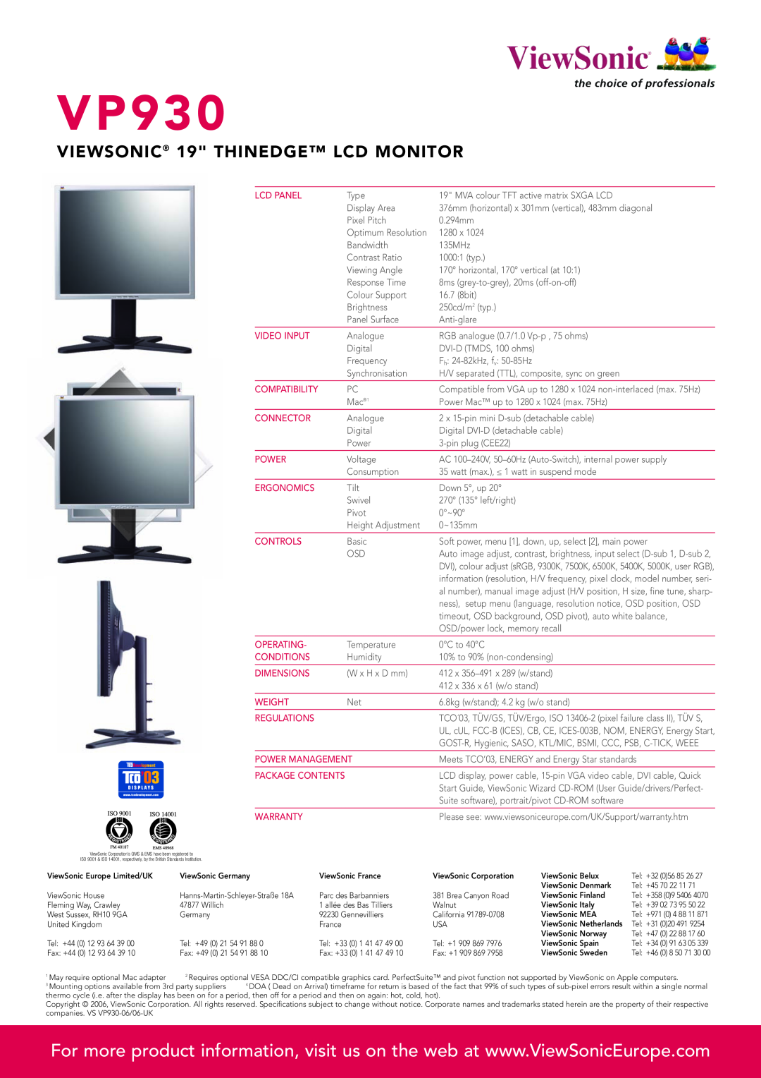 ViewSonic VP930 manual VIEWSONIC 19 THINEDGE LCD MONITOR, V P 9 3 