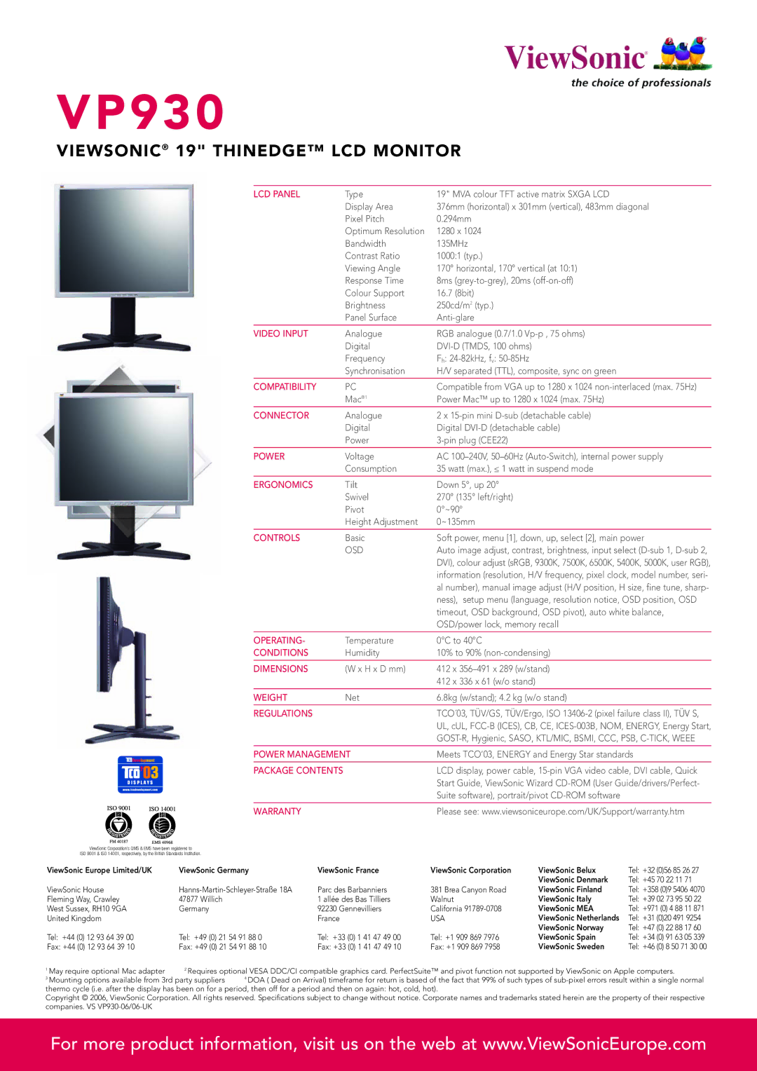 ViewSonic VP930 manual LCD Panel, Video Input, Compatibility, Connector, Power, Ergonomics, Controls, Operating, Conditions 