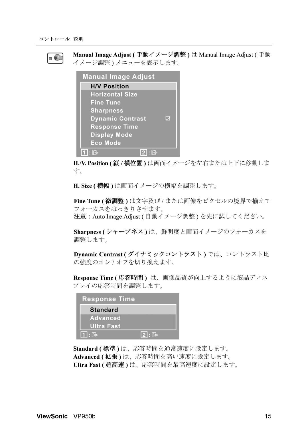 ViewSonic VP950B manual Manual Image Adjust 手動イメージ調整 は Manual Image Adjust 手動, Dynamic Contrast ダイナミックコントラスト では、コントラスト比 