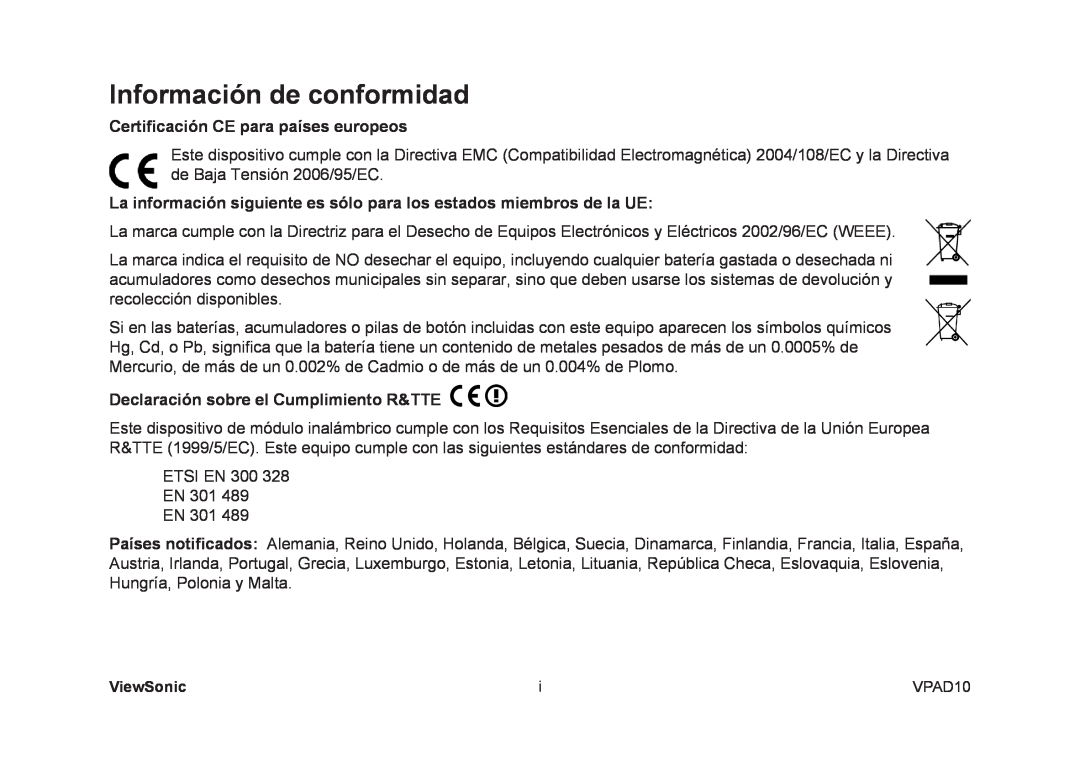 ViewSonic VPAD10 manual Información de conformidad, Certificación CE para países europeos 
