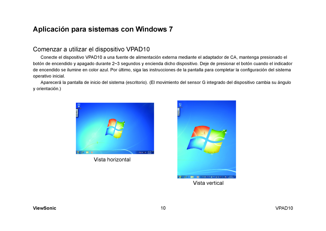 ViewSonic manual Aplicación para sistemas con Windows, Comenzar a utilizar el dispositivo VPAD10, ViewSonic 