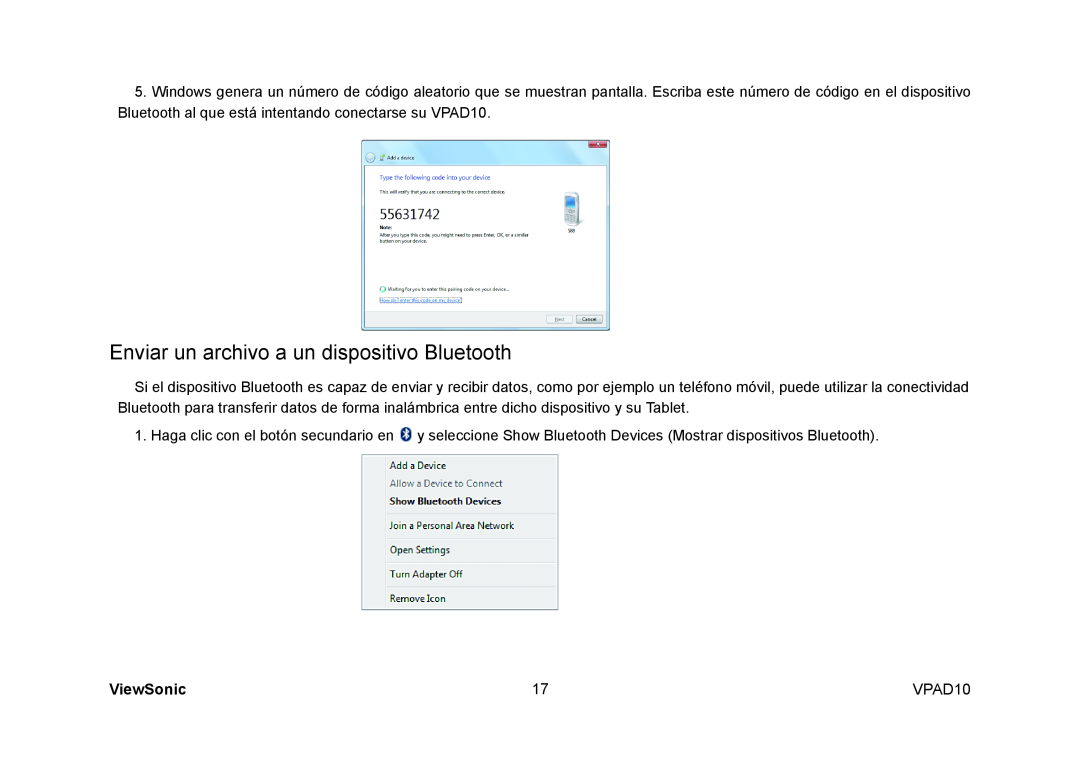 ViewSonic VPAD10 manual Enviar un archivo a un dispositivo Bluetooth, ViewSonic 