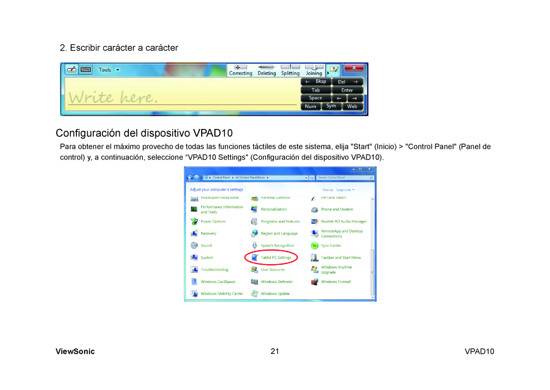 ViewSonic manual Configuración del dispositivo VPAD10, Escribir carácter a carácter, ViewSonic 