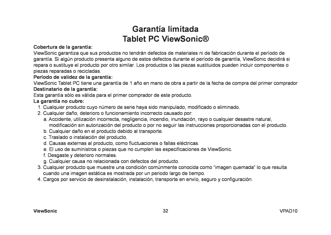 ViewSonic VPAD10 manual Garantía limitada Tablet PC ViewSonic, Cobertura de la garantía, Período de validez de la garantía 
