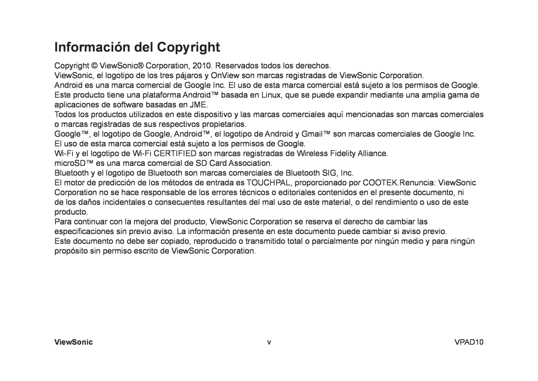 ViewSonic VPAD10 manual Información del Copyright 