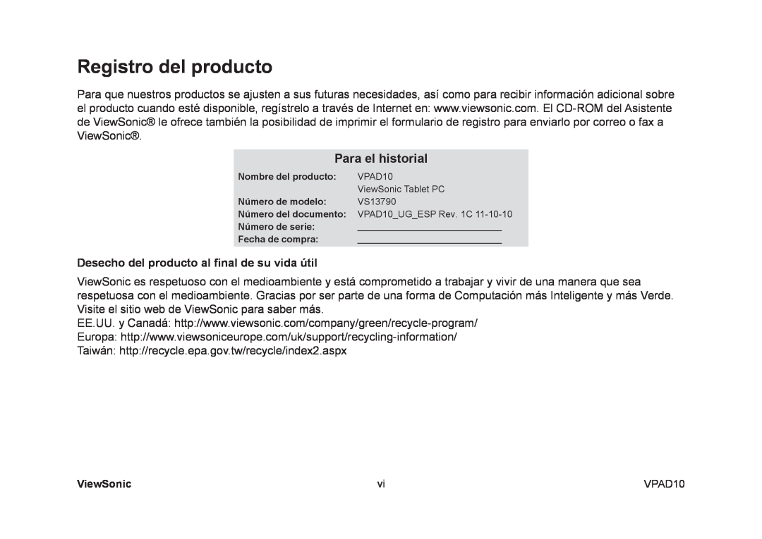 ViewSonic VPAD10 manual Registro del producto, Para el historial, Desecho del producto al final de su vida útil 