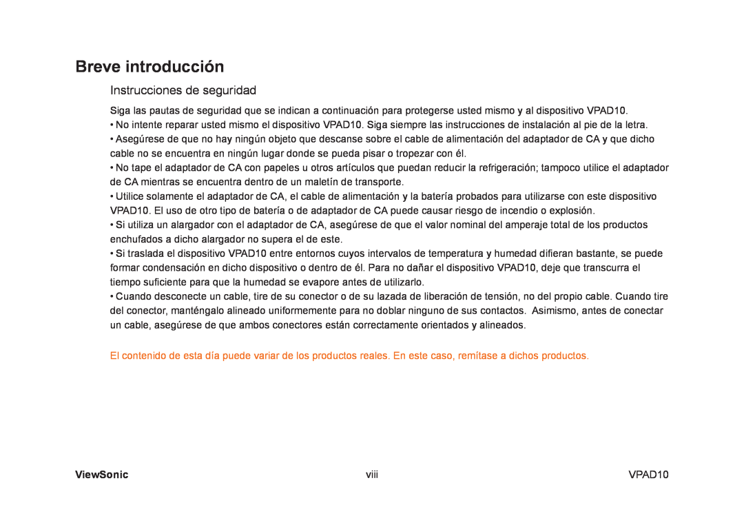 ViewSonic VPAD10 manual Breve introducción, Instrucciones de seguridad, ViewSonic, viii 