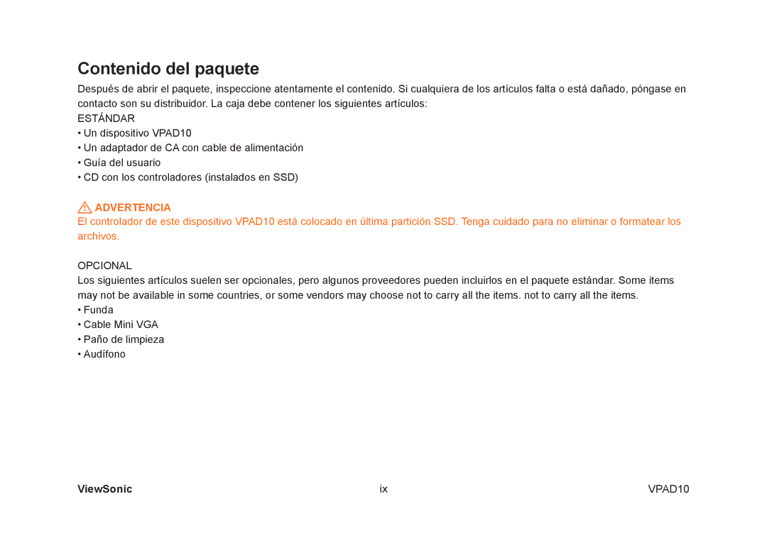 ViewSonic VPAD10 manual Contenido del paquete 