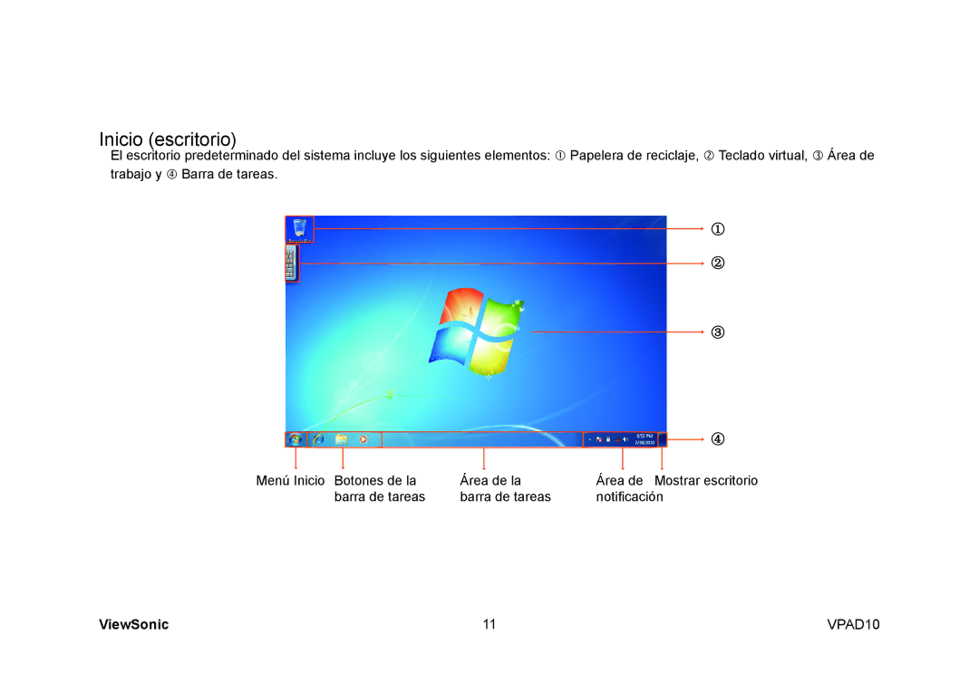 ViewSonic VPAD10 manual Inicio escritorio 