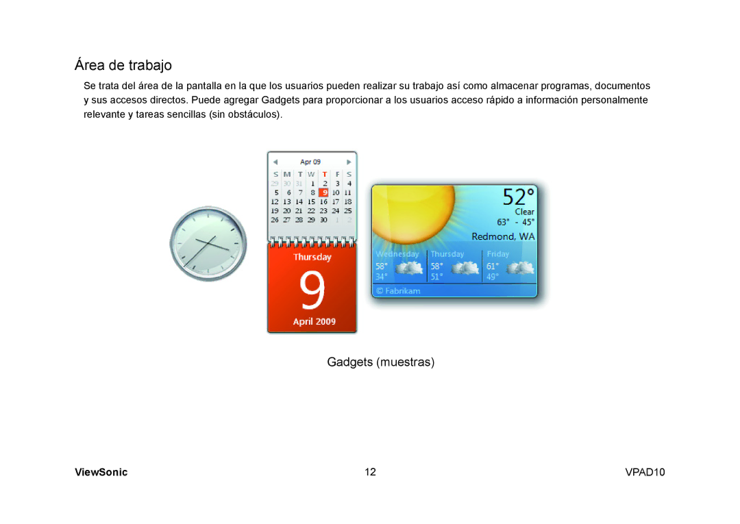 ViewSonic VPAD10 manual Área de trabajo 