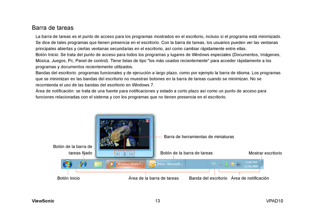 ViewSonic VPAD10 manual Barra de tareas 