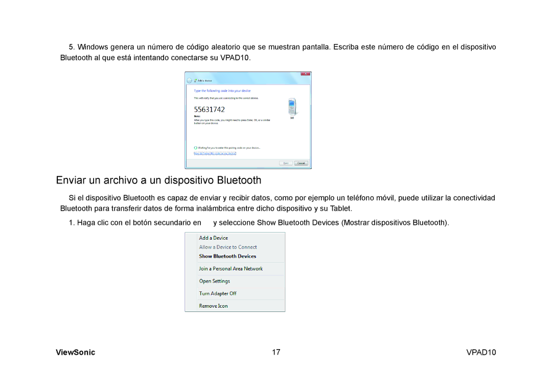 ViewSonic VPAD10 manual Enviar un archivo a un dispositivo Bluetooth 
