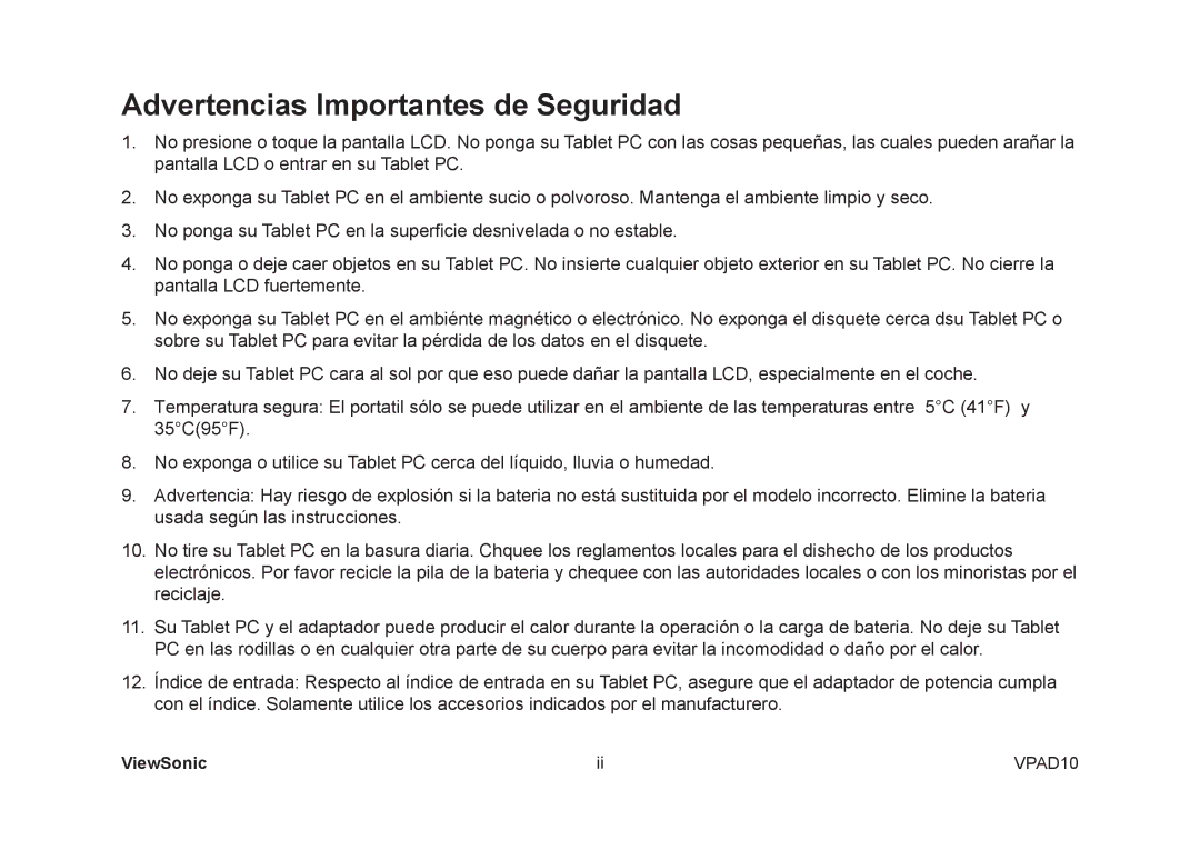 ViewSonic VPAD10 manual Advertencias Importantes de Seguridad 