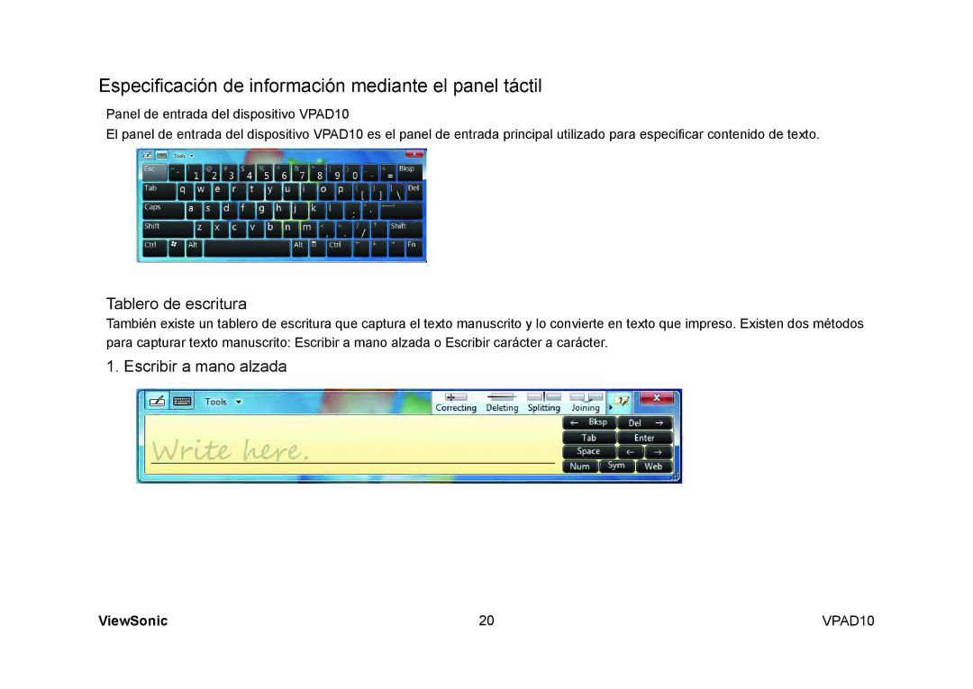 ViewSonic VPAD10 manual Especificación de información mediante el panel táctil, Tablero de escritura 