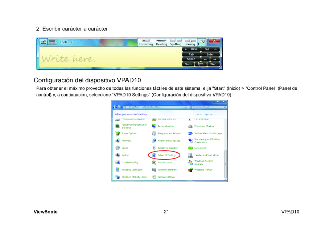 ViewSonic manual Configuración del dispositivo VPAD10 