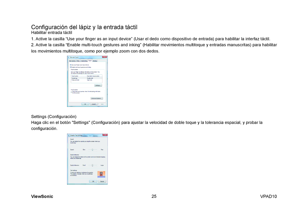 ViewSonic VPAD10 manual Configuración del lápiz y la entrada táctil 