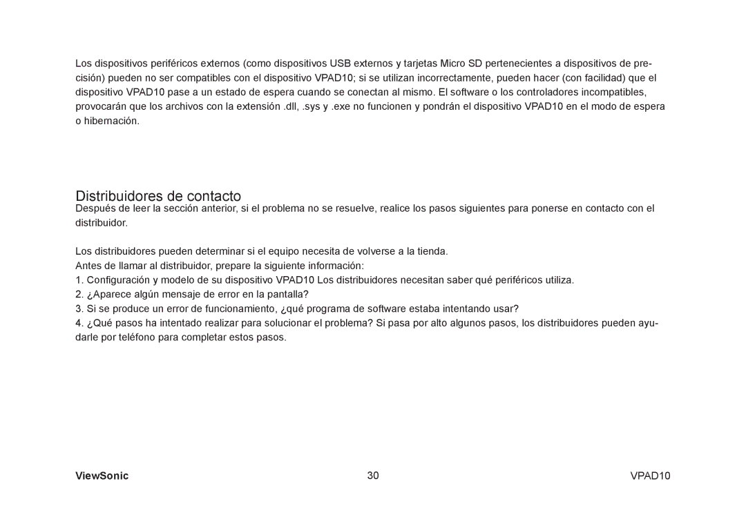 ViewSonic VPAD10 manual Distribuidores de contacto 