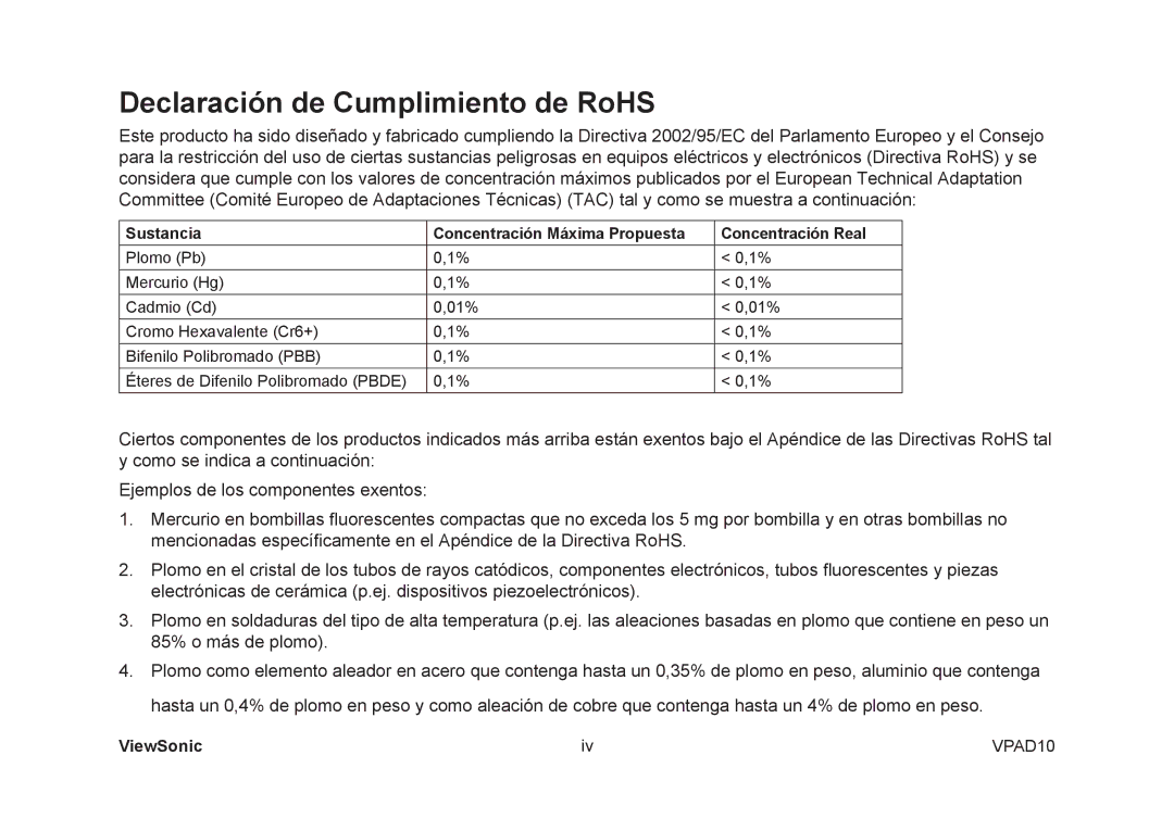 ViewSonic VPAD10 manual Declaración de Cumplimiento de RoHS, Sustancia Concentración Máxima Propuesta Concentración Real 