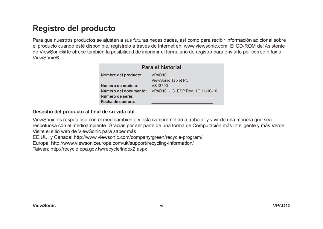 ViewSonic VPAD10 manual Registro del producto, Para el historial 