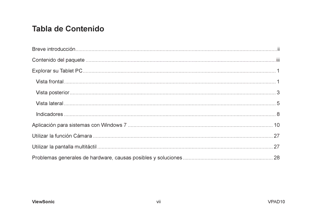 ViewSonic VPAD10 manual Tabla de Contenido 