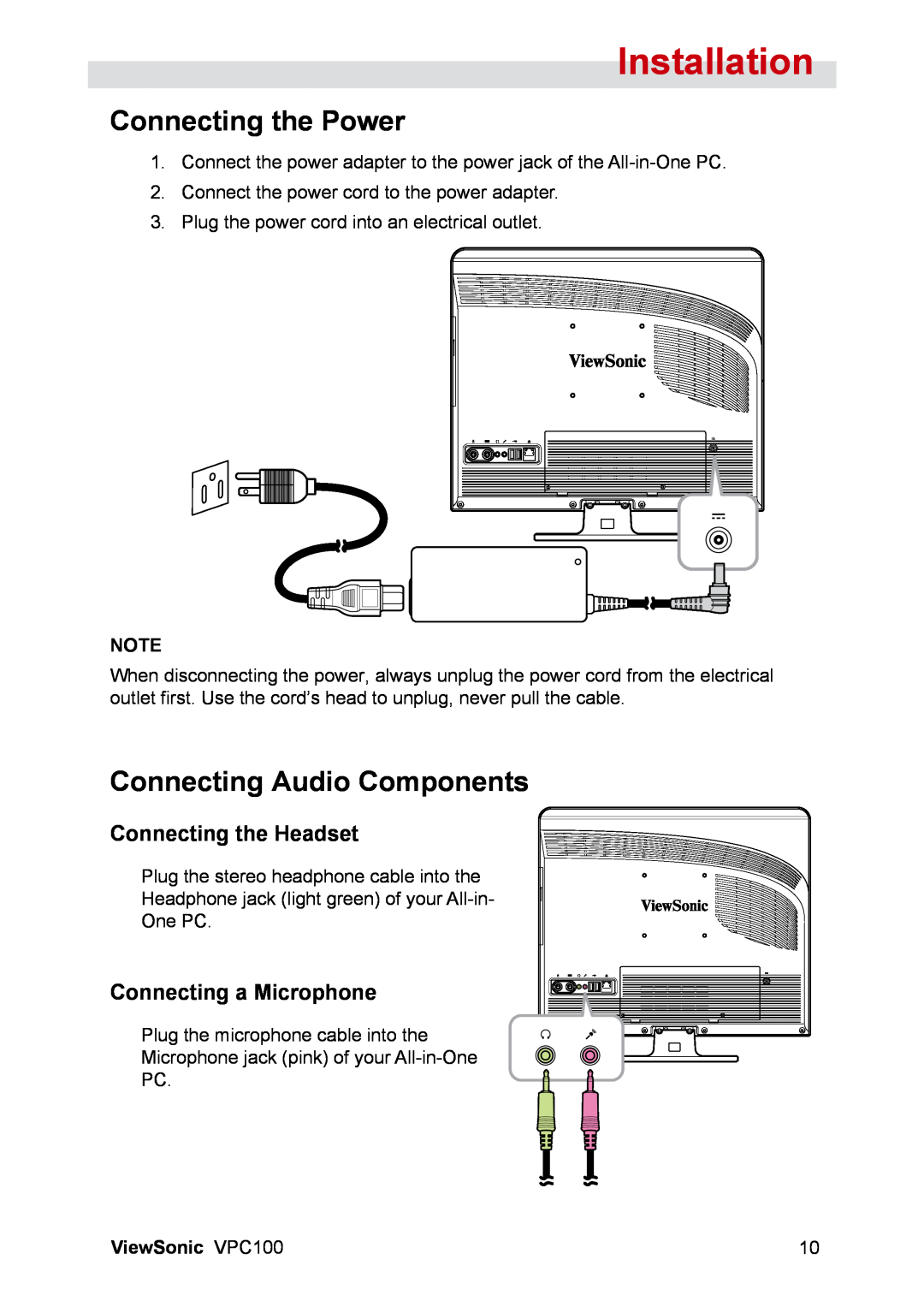 ViewSonic VPC100 manual Connecting the Power, Connecting Audio Components, Connecting the Headset, Connecting a Microphone 