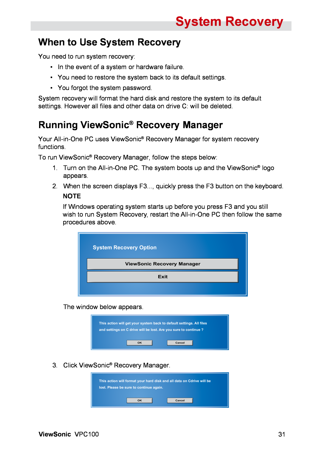 ViewSonic manual When to Use System Recovery, Running ViewSonic Recovery Manager, ViewSonic VPC100 