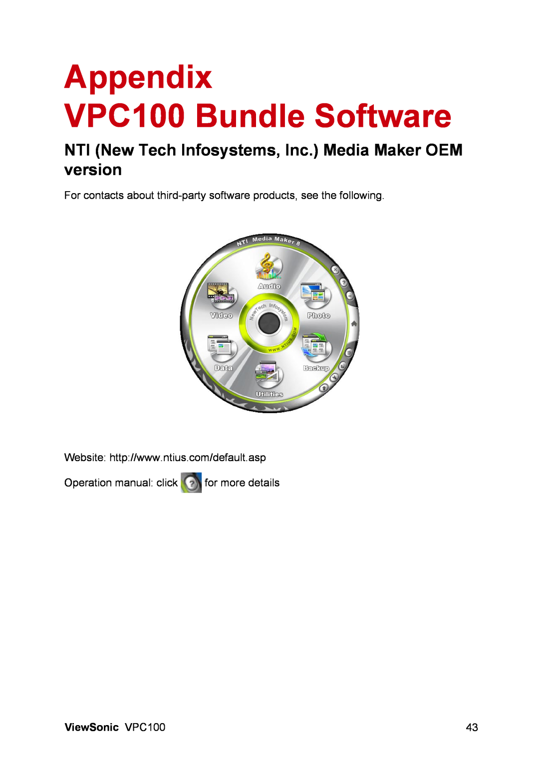 ViewSonic manual Appendix VPC100 Bundle Software, ViewSonic VPC100 