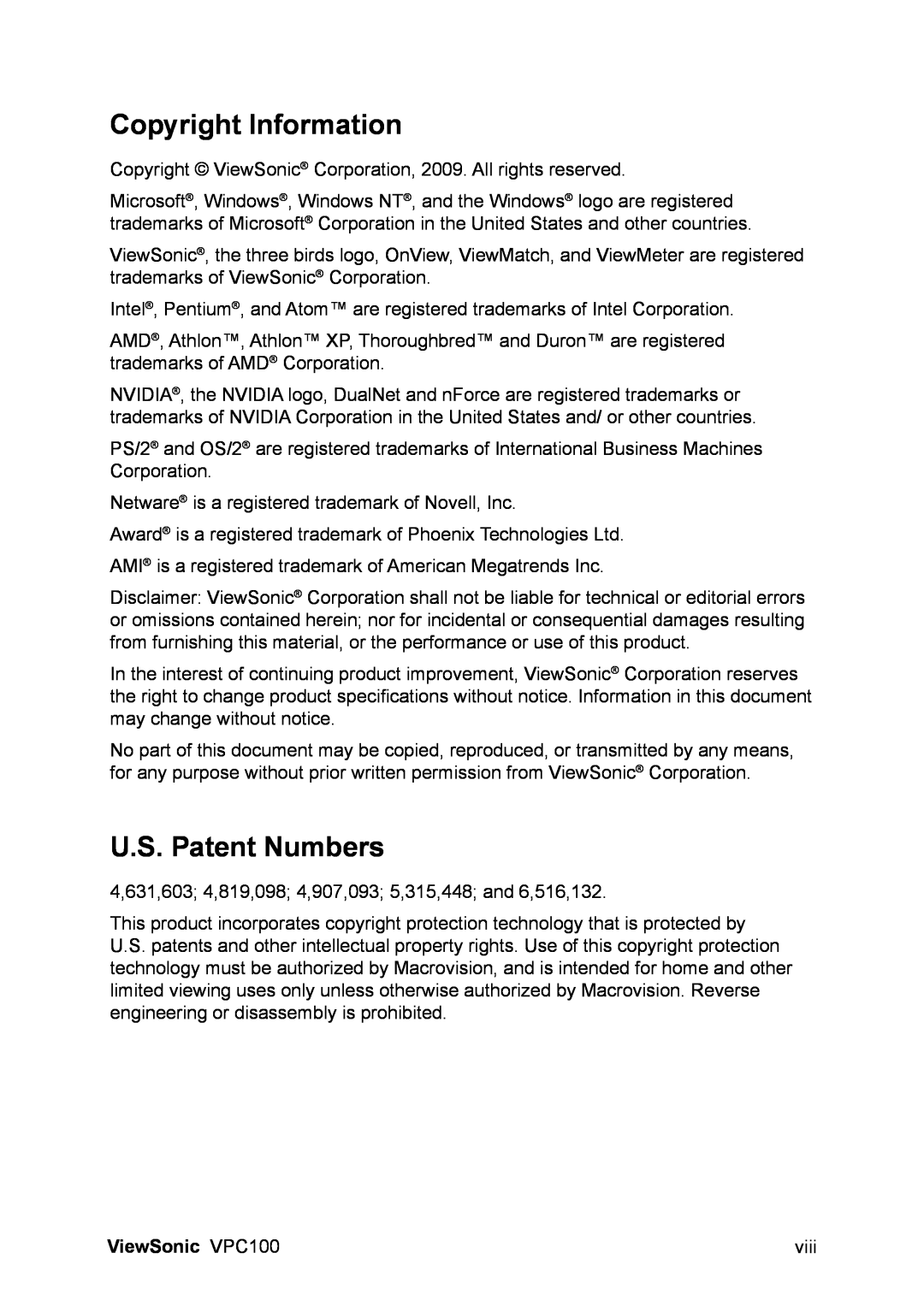 ViewSonic manual Copyright Information, U.S. Patent Numbers, ViewSonic VPC100 
