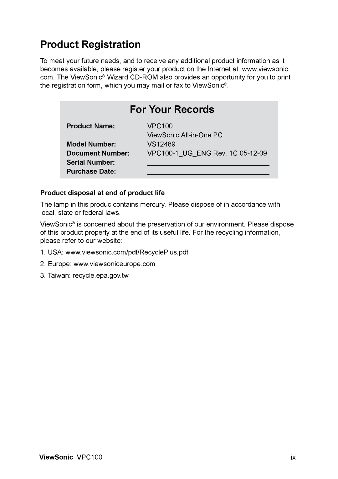 ViewSonic VPC100 manual Product Registration For Your Records, Product Name, Model Number 