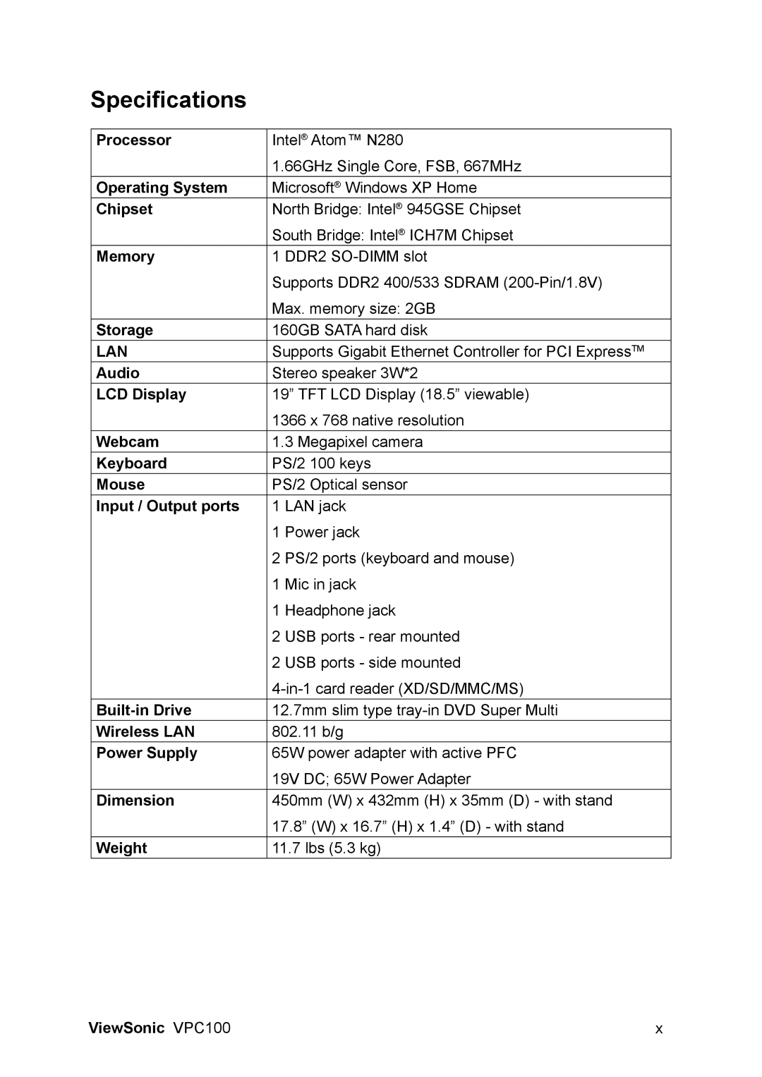 ViewSonic VPC100 manual Specifications 