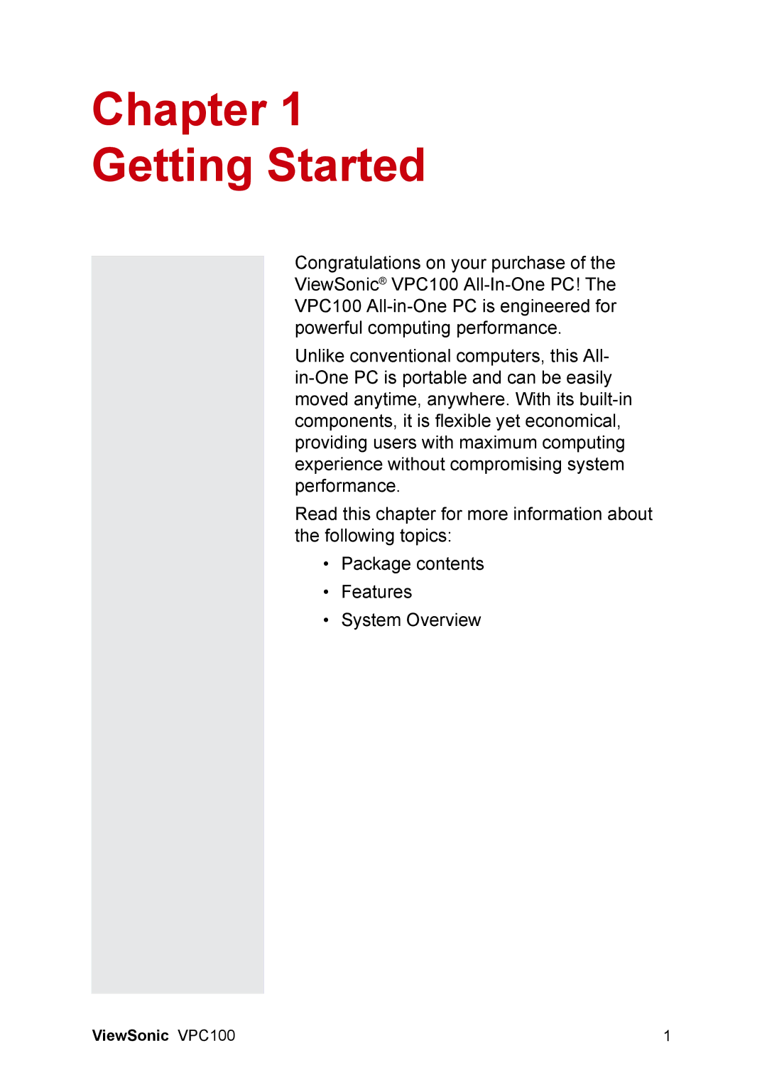 ViewSonic VPC100 manual Chapter Getting Started 