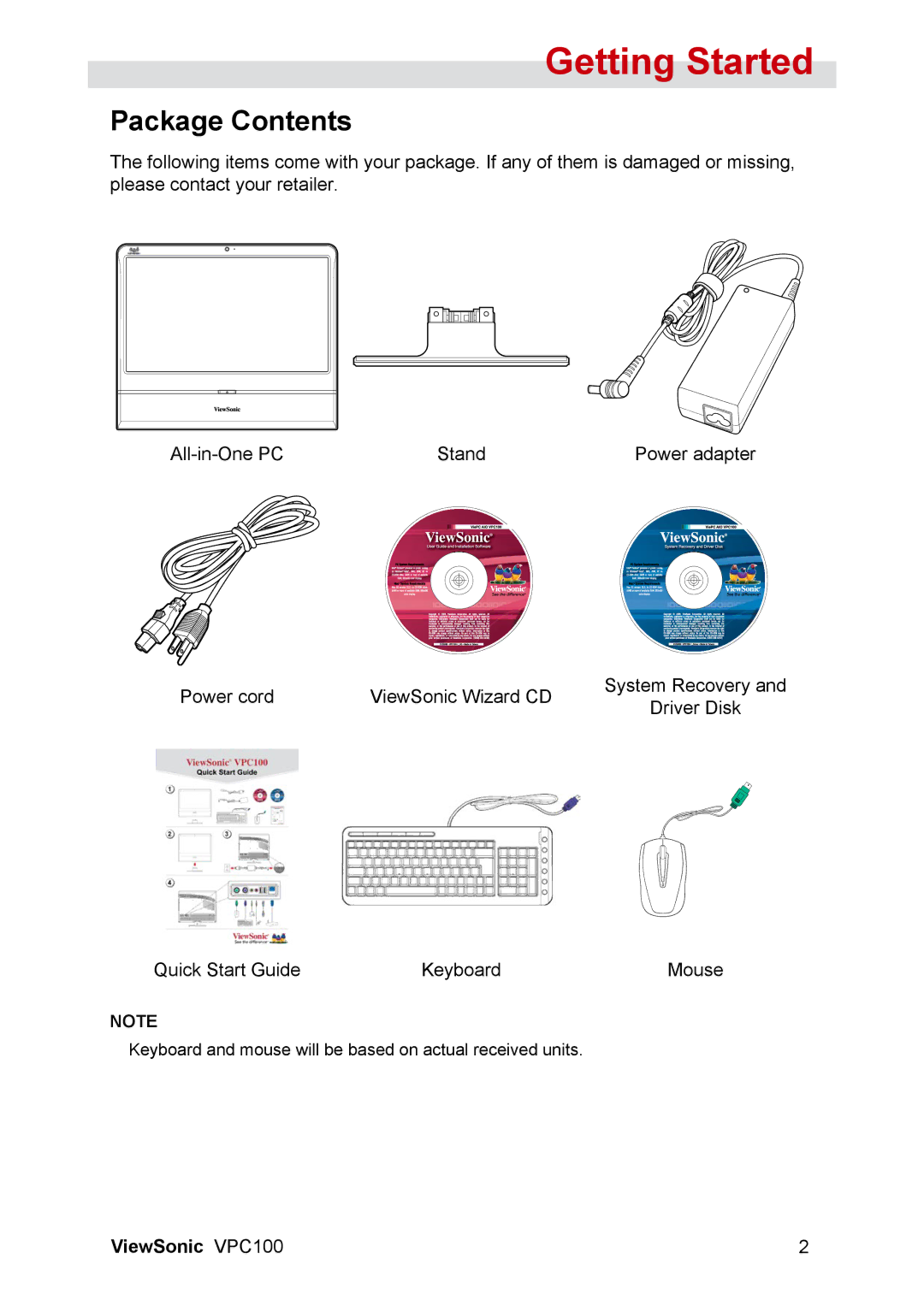 ViewSonic VPC100 manual Getting Started, Package Contents 